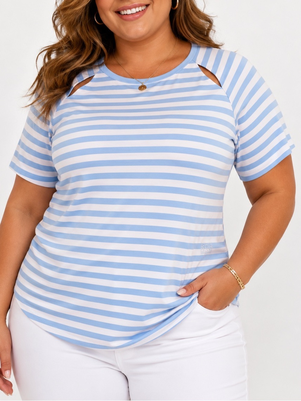 Michael Kors Short Sleeve White and Blue Stripe Women's Shirt (675)